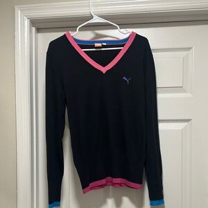Puma Women's Black V-Neck Sweater with Pink and Blue Accents